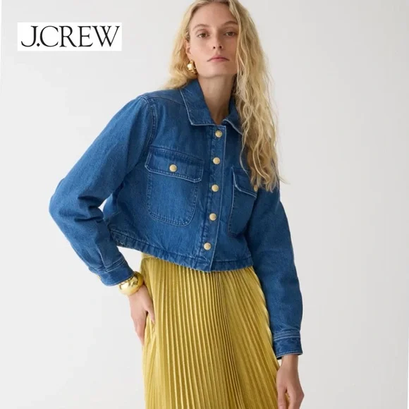 J Crew Cropped Denim Puffer Jacket Blue Quilted Jean Coat 90s Street Style S - Picture 1 of 13